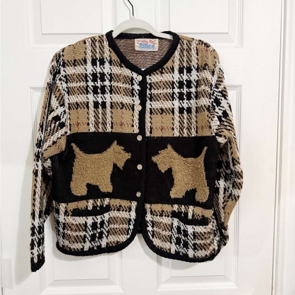 Vintage Tally Ho Cardigan Sweater Women's Large Scotty Dogs tan & black sz large